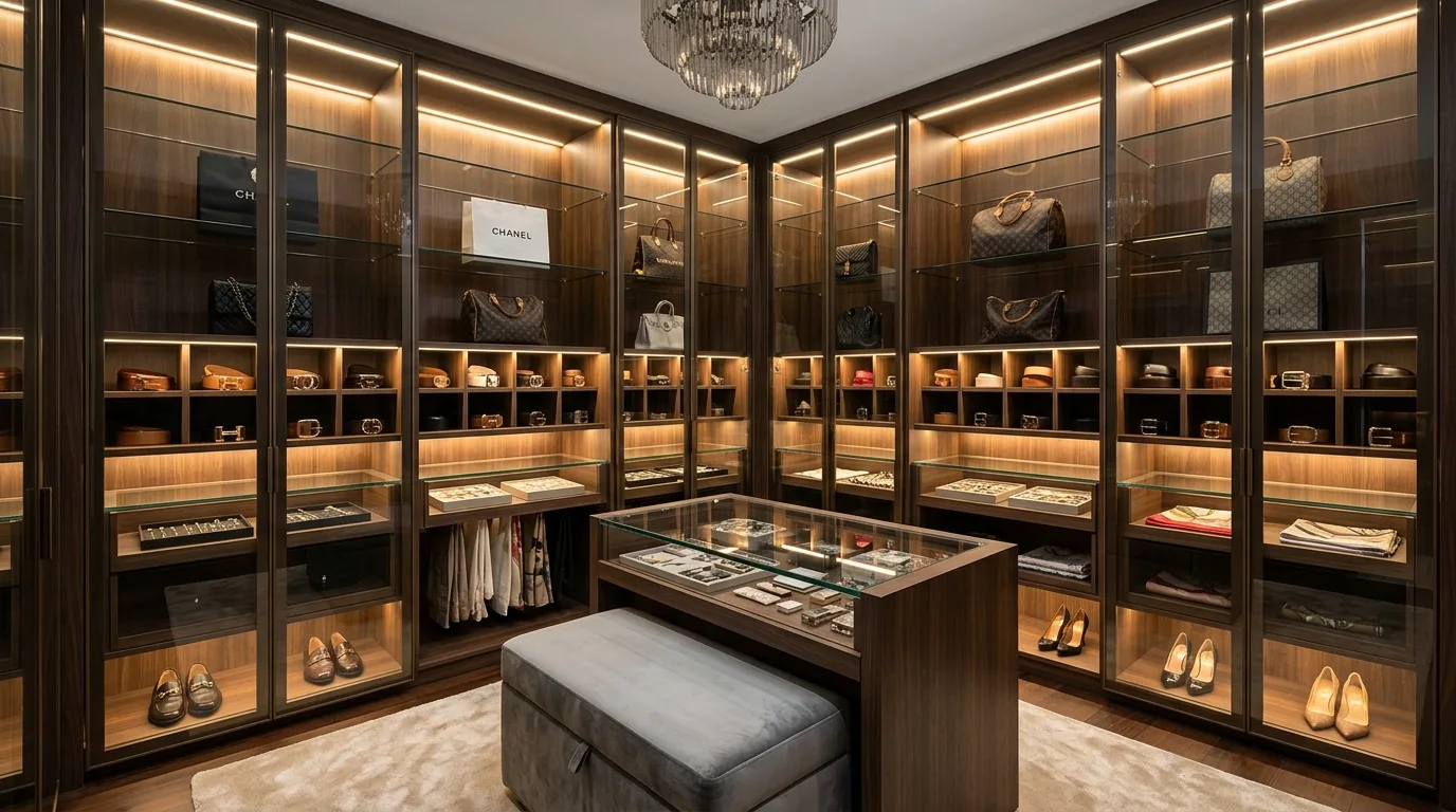 Add glass-front storage for a boutique feel inspiration for a closet.